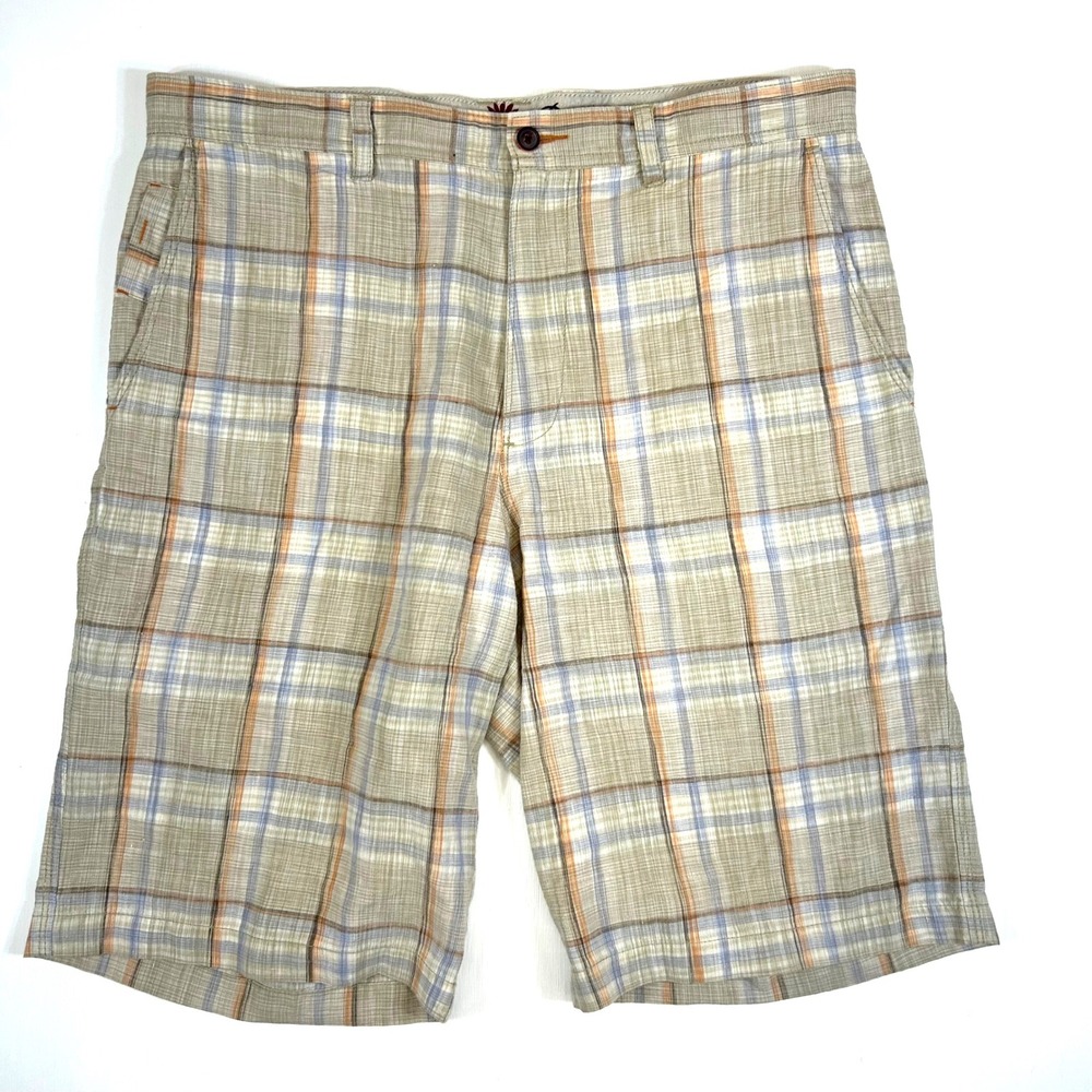 Tommy Bahama Paradise Nation Plaid Shorts Mens 36 Tan Linen Silk Blend